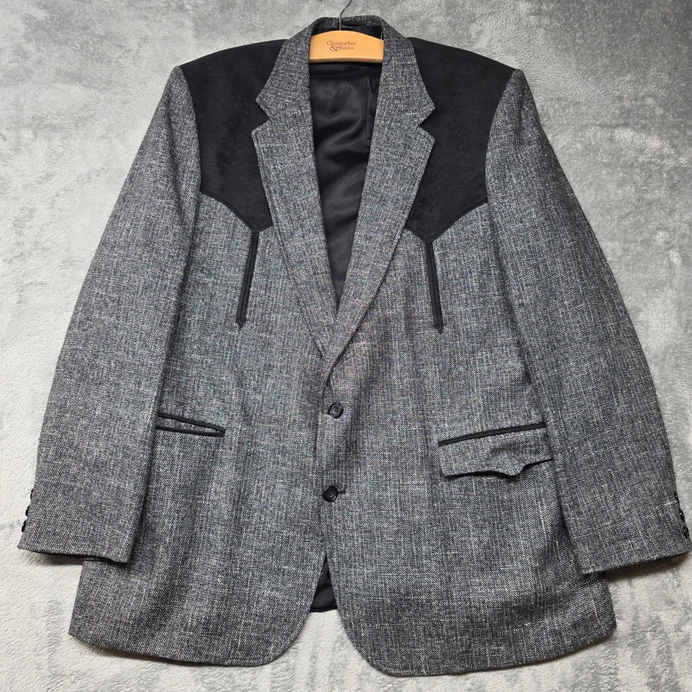 Circle S Western Blazer Sport Coat Mens 48L Grey Tweed Black Suede Made in USA